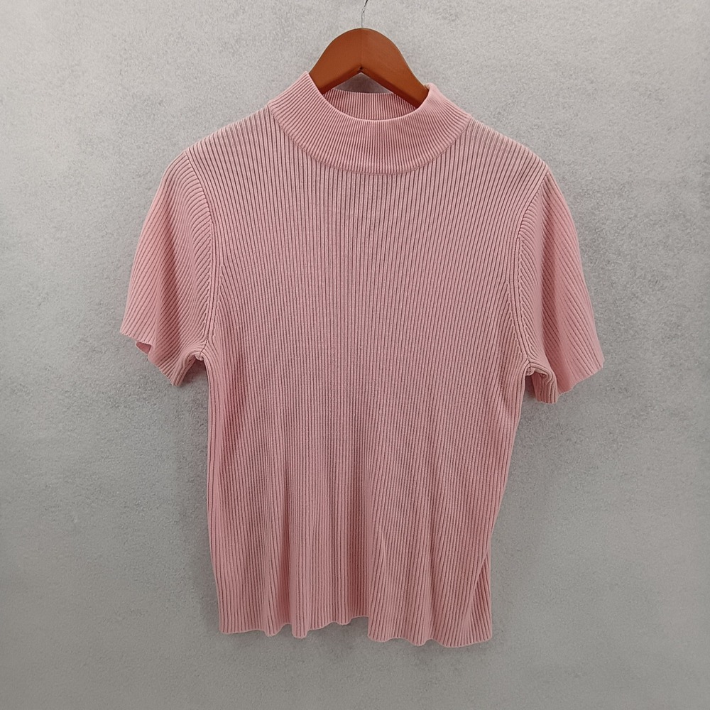 Studio Works Short Sleeve Sweater Womens M Pink Ribbed Mock Neck Soft Knit